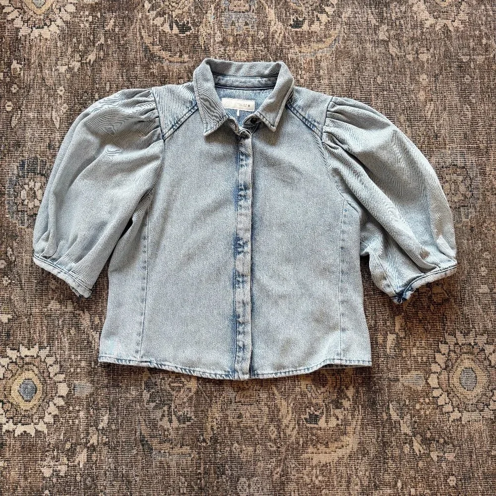 Zara denim puff sleeve button up shirt • size large - Picture 1 of 8